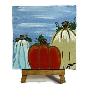 Hand Painted 4x4” Canvas with Easel Fall Pumpkin Signed Decor